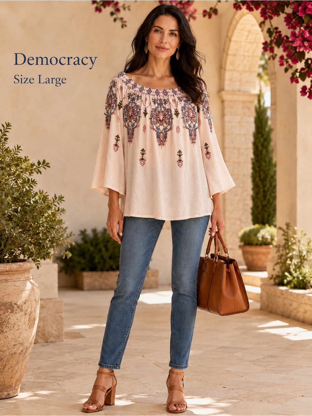Democracy Blush Peach Embroidered Peasant Blouse Bell Sleeve Large